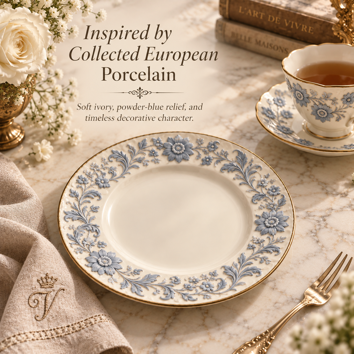 Velnqia™ Celestine — Embossed Porcelain Dessert Plate