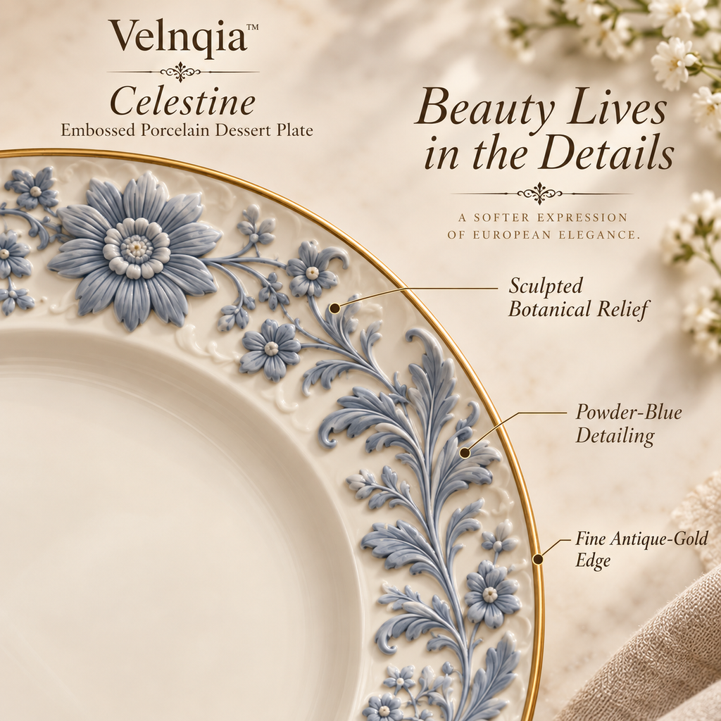 Velnqia™ Celestine — Embossed Porcelain Dessert Plate