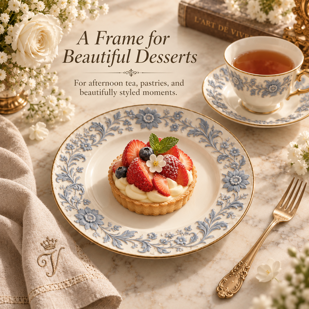 Velnqia™ Celestine — Embossed Porcelain Dessert Plate