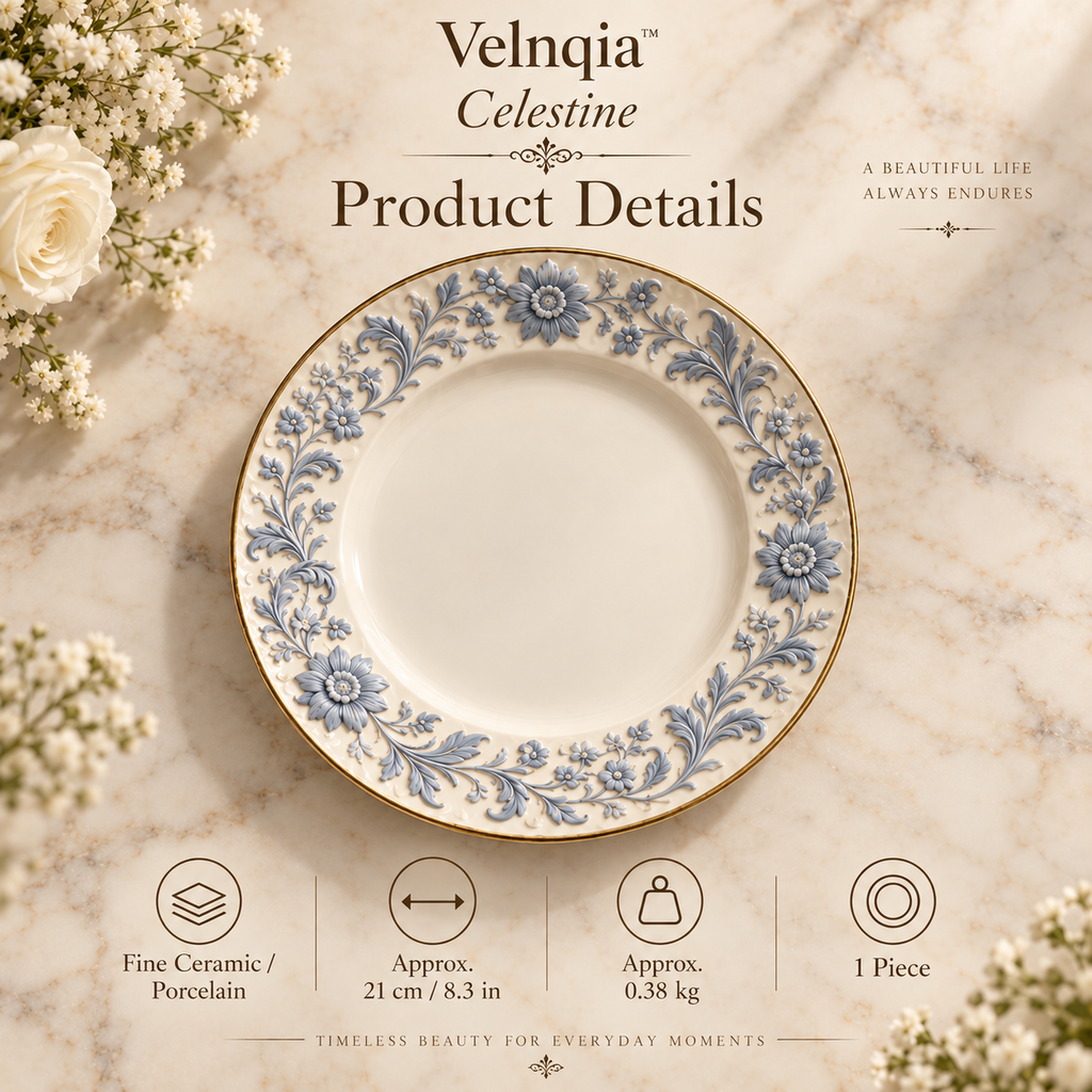Velnqia™ Celestine — Embossed Porcelain Dessert Plate
