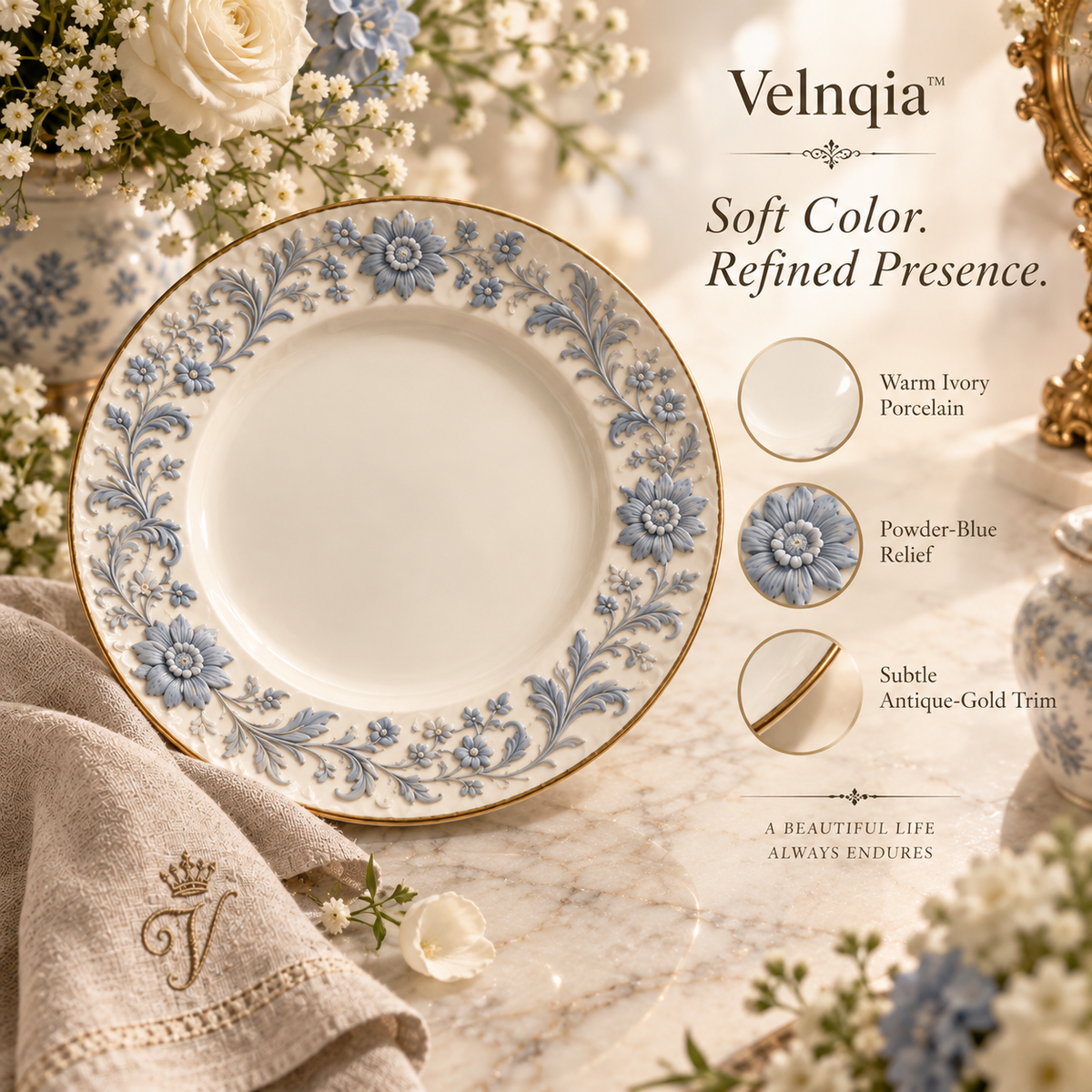 Velnqia™ Celestine — Embossed Porcelain Dessert Plate