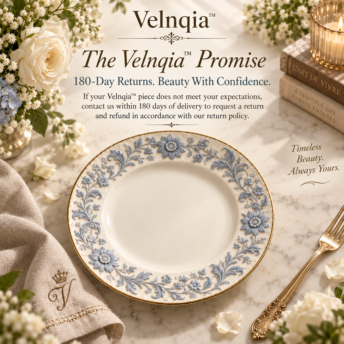 Velnqia™ Celestine — Embossed Porcelain Dessert Plate