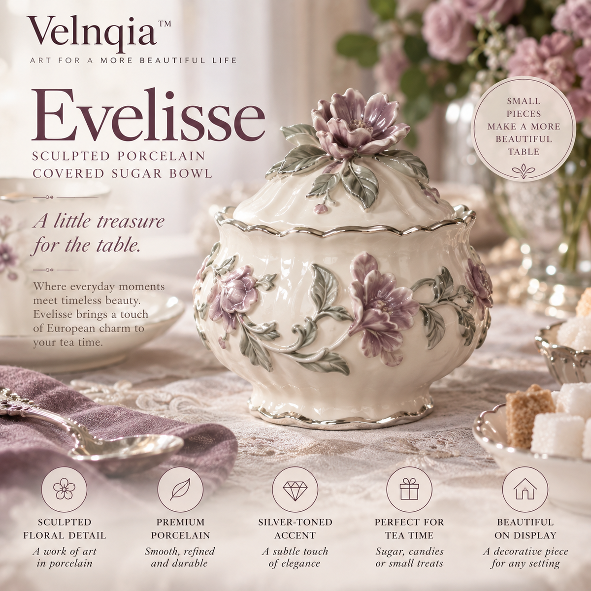 Velnqia™ Evelisse — Sculpted Porcelain Covered Sugar Bowl