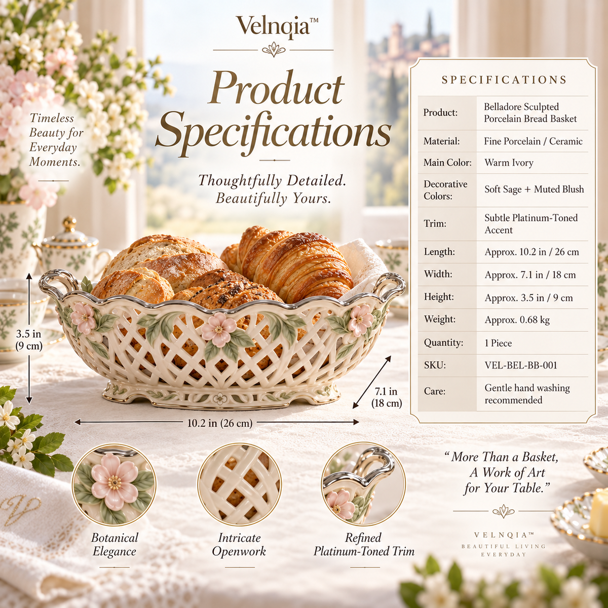 Velnqia™ Belladore — Sculpted Porcelain Bread Basket