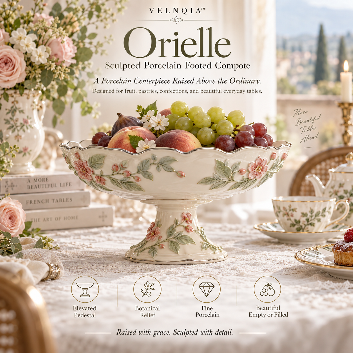 Velnqia™ Orielle — Sculpted Porcelain Footed Compote
