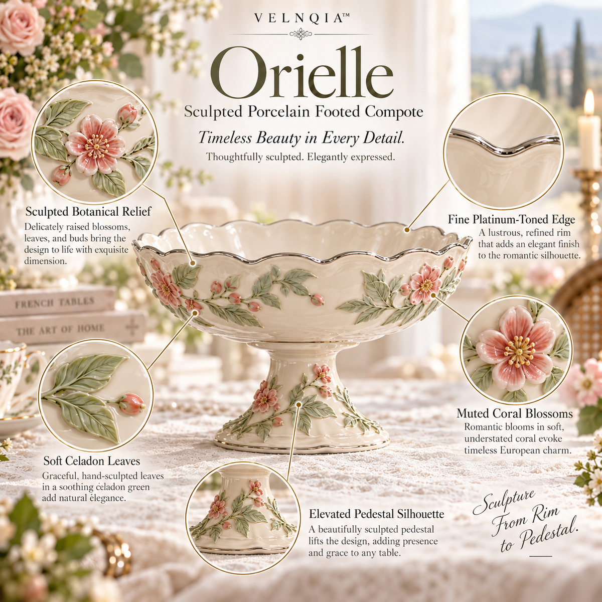 Velnqia™ Orielle — Sculpted Porcelain Footed Compote