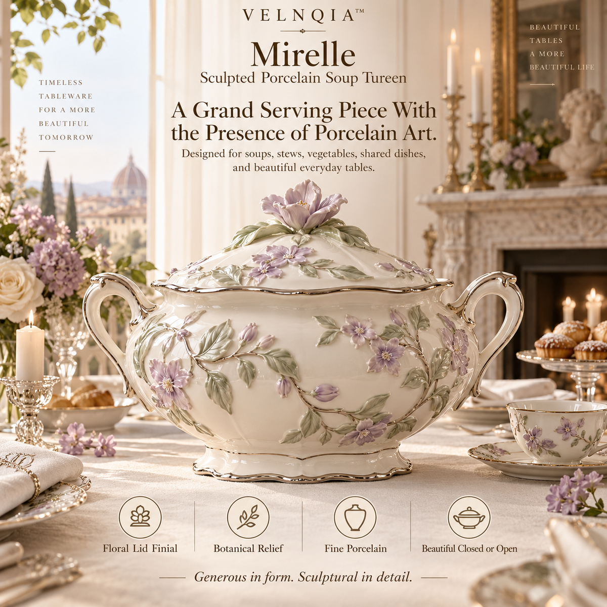 Velnqia™ Mirelle — Sculpted Porcelain Soup Tureen