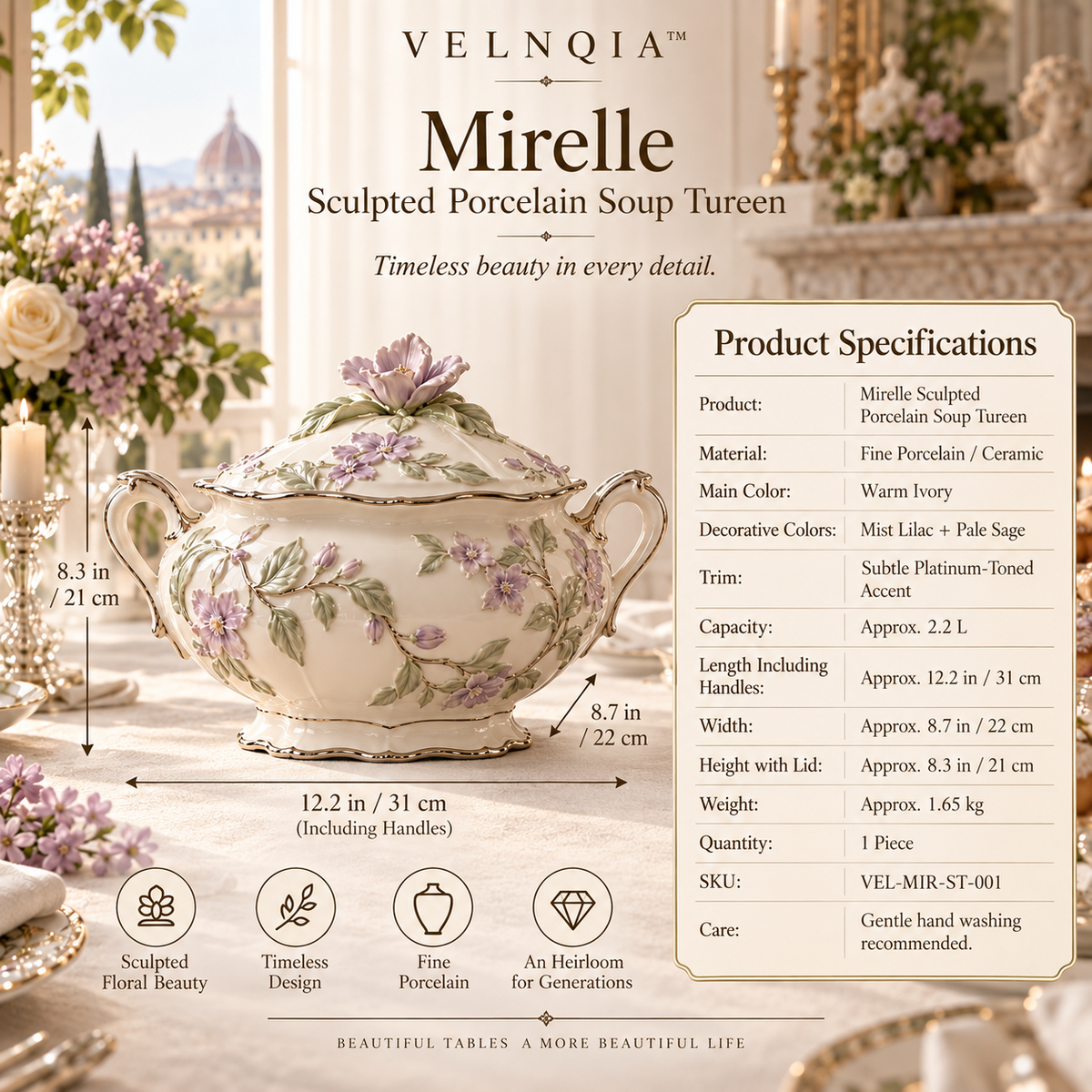 Velnqia™ Mirelle — Sculpted Porcelain Soup Tureen