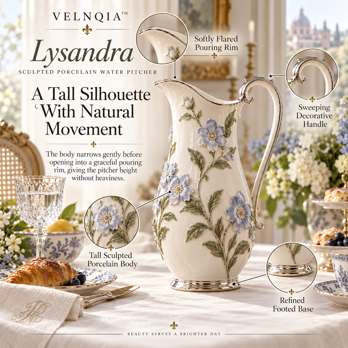 Velnqia™ Lysandra — Sculpted Porcelain Water Pitcher