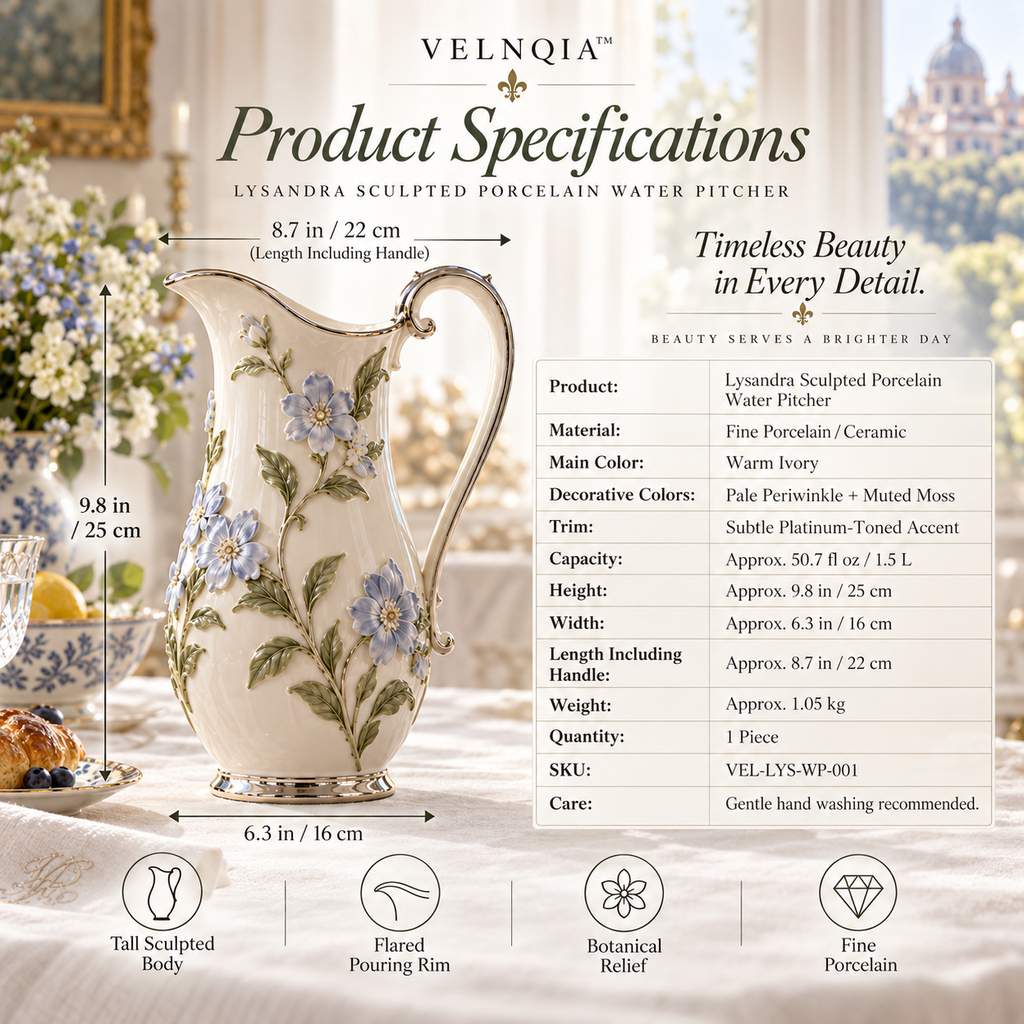 Velnqia™ Lysandra — Sculpted Porcelain Water Pitcher