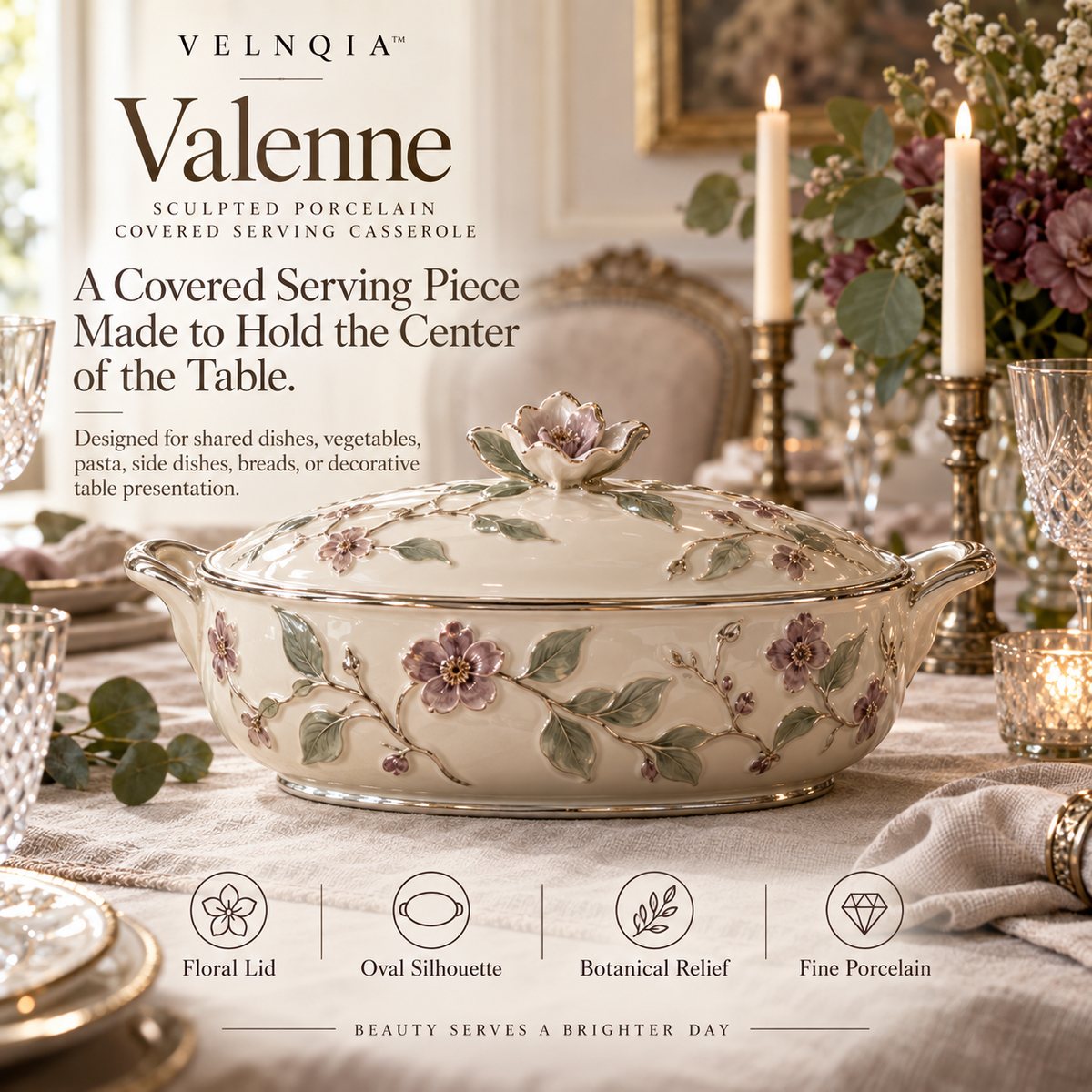 Velnqia™ Valenne — Sculpted Porcelain Covered Serving Casserole