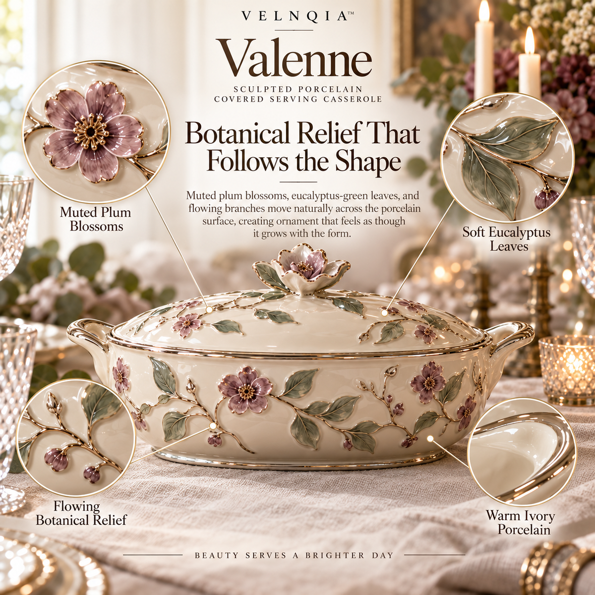 Velnqia™ Valenne — Sculpted Porcelain Covered Serving Casserole