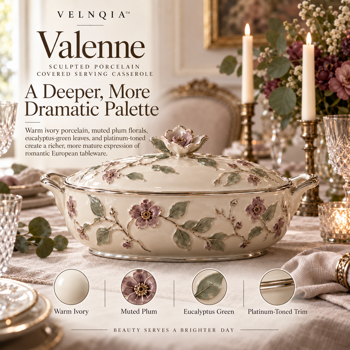 Velnqia™ Valenne — Sculpted Porcelain Covered Serving Casserole