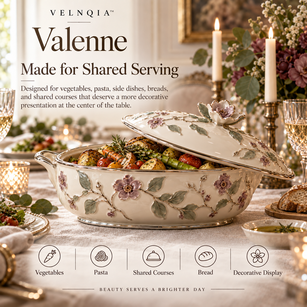 Velnqia™ Valenne — Sculpted Porcelain Covered Serving Casserole