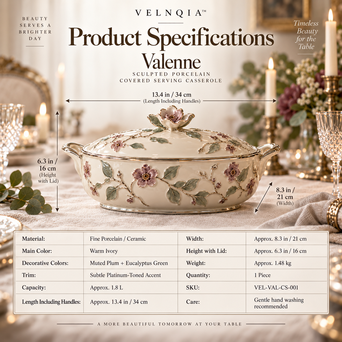 Velnqia™ Valenne — Sculpted Porcelain Covered Serving Casserole